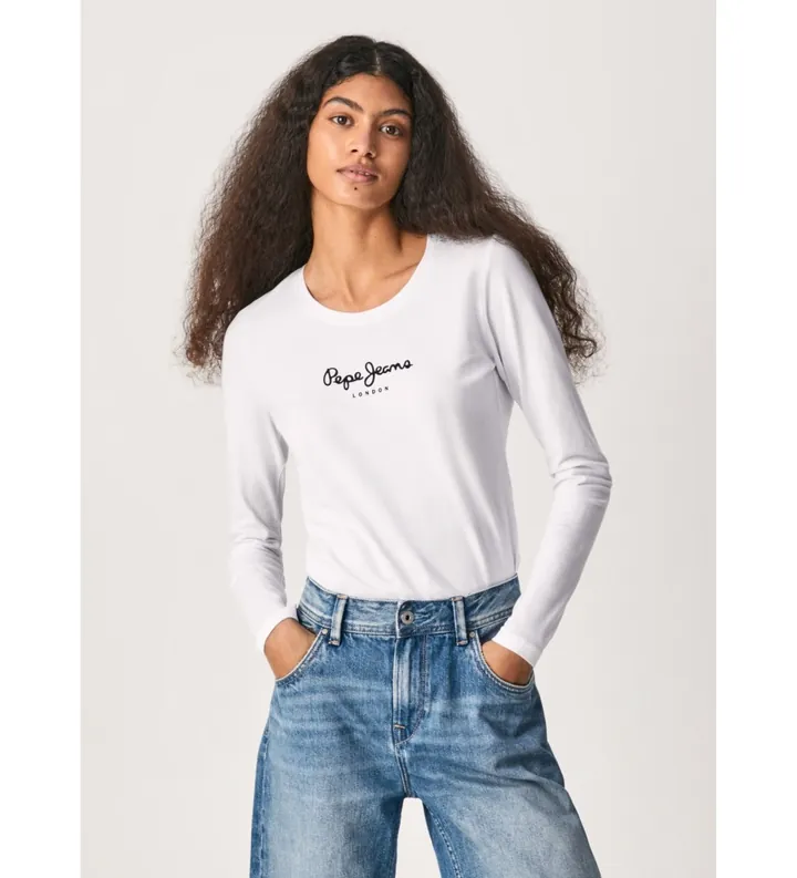 Pepe Jeans para mujer. PL505203 Camiseta New Virginia Ls N blanco (L), Casual, Algodón, Manga larga