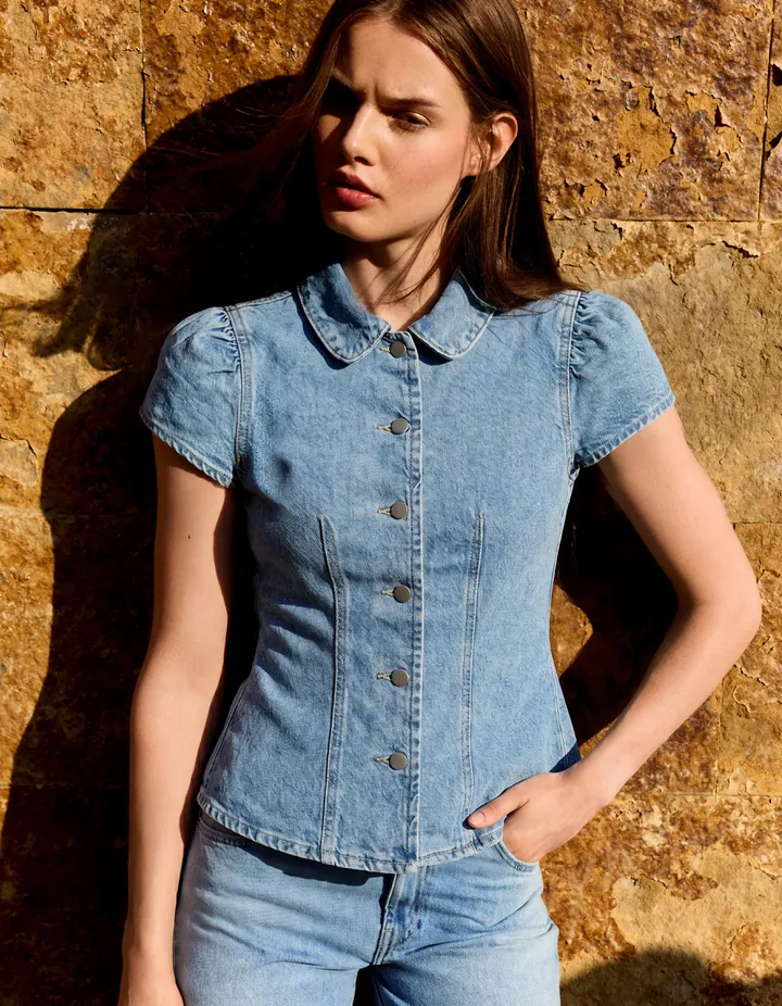 Bershka Top Manga Corta Denim Balloon Mujer L Azul Lavado