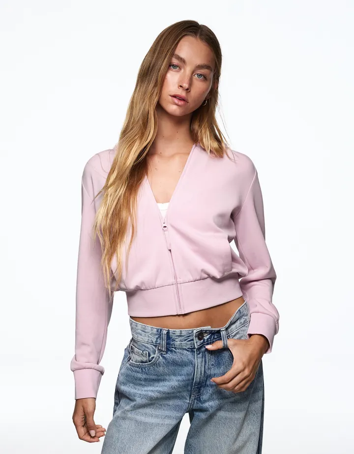 Bershka Sudadera Capucha Cremallera Mujer L Rosa