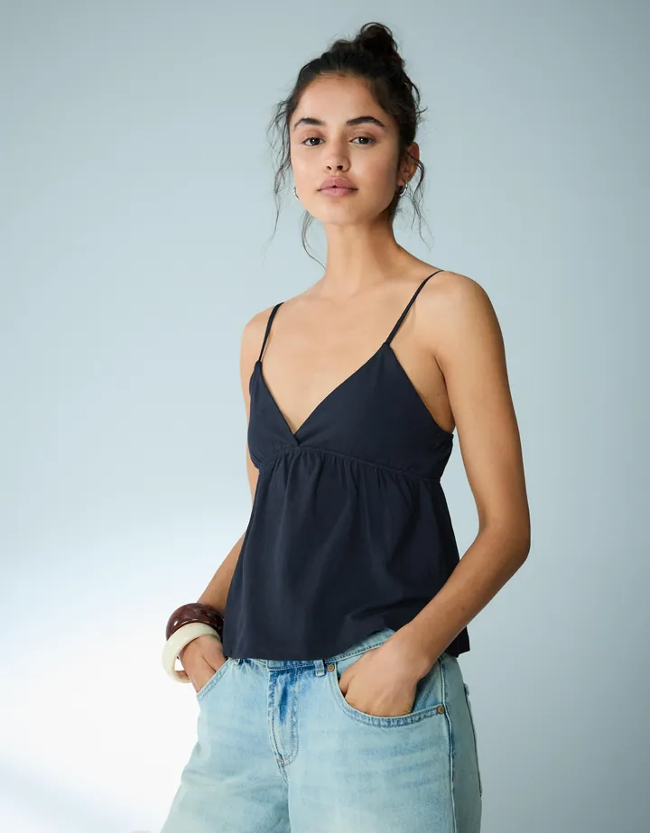 Bershka Top Tirantes Peplum Mujer L Marino