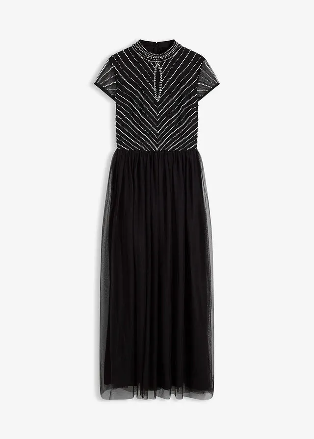 Vestido largo con bordado de perlas