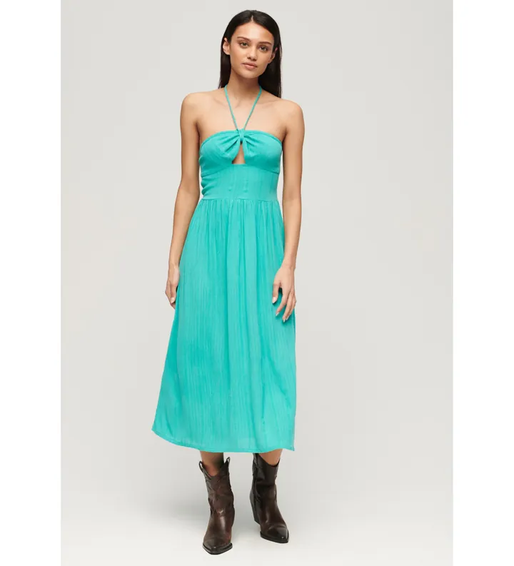 Superdry para mujer. W8011660A Vestido midi con diseño recortado azul (L), Casual, Viscosa, Sin mangas / Tirantes