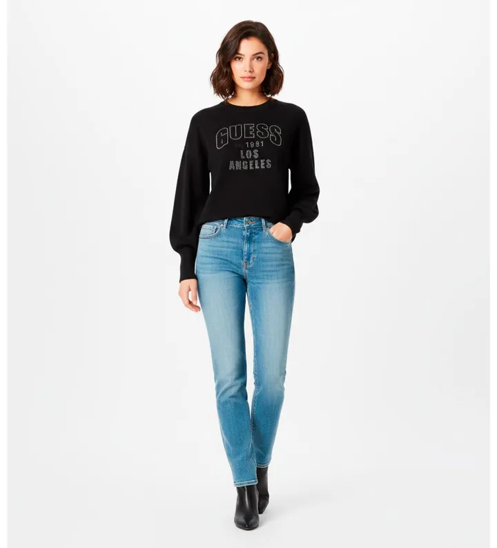 Guess para mujer. W5YR26Z26I2 Sudadera logotipo negro (S), Casual, Algodón