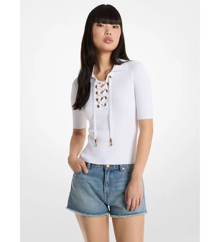 Michael Kors para mujer. MS661FZ5ZV Polo de viscosa elástica acanalada con cordones
blanco (L), Casual, Manga corta