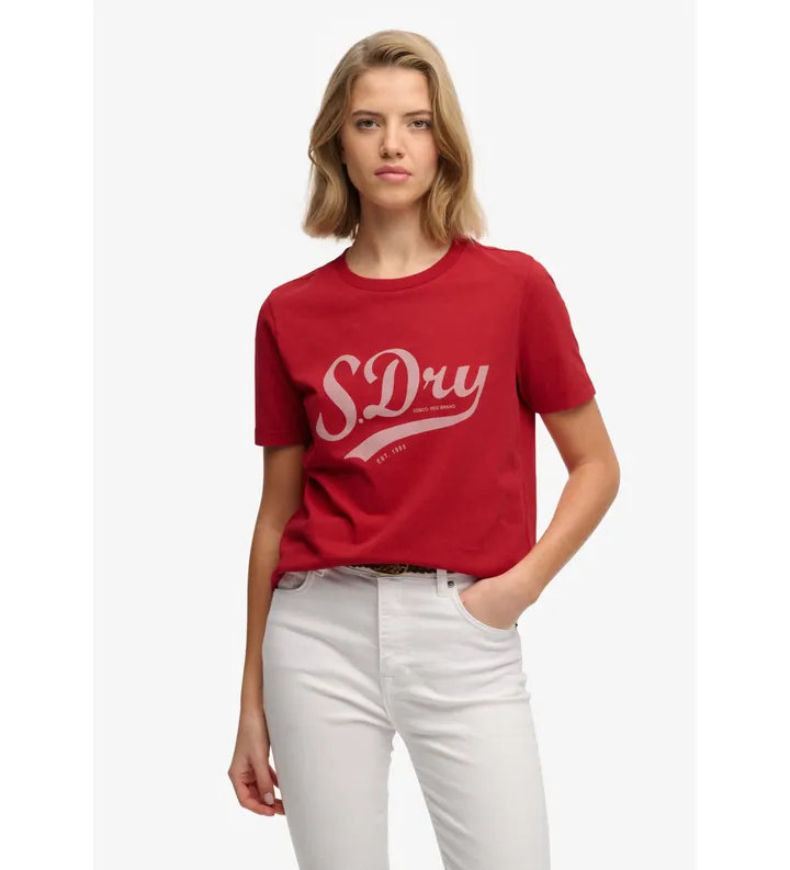 Superdry para mujer. W1011869A Camiseta Varsity Script rojo (L), Casual, Algodón, Manga corta