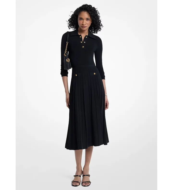 Michael Kors para mujer. MT683J3BFD Vestido tipo polo de punto elástico negro (M), Casual, Clásico, Viscosa, Manga larga