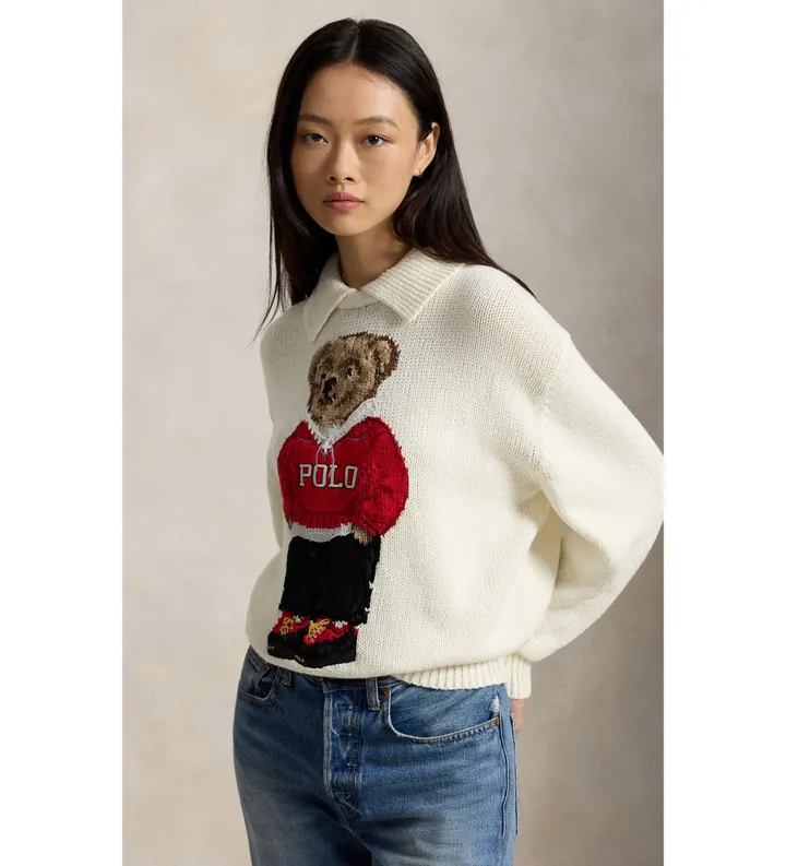 Polo Ralph Lauren para mujer. 211B17764001 Jersey de lino y algodón con Polo Bear blanco (L), Casual, Manga larga