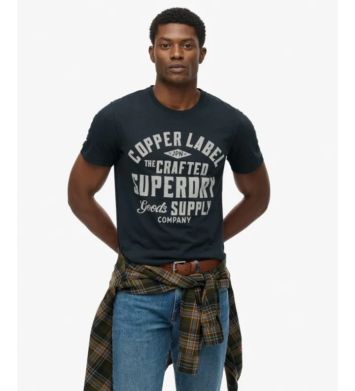 Superdry para hombre. M1012256A Camiseta Copper Label Relaxed marino (L), Casual, Algodón, Manga corta