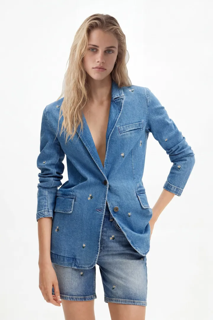 Desigual, Blazer denim pequeñas flores, Algodon, Azul, S