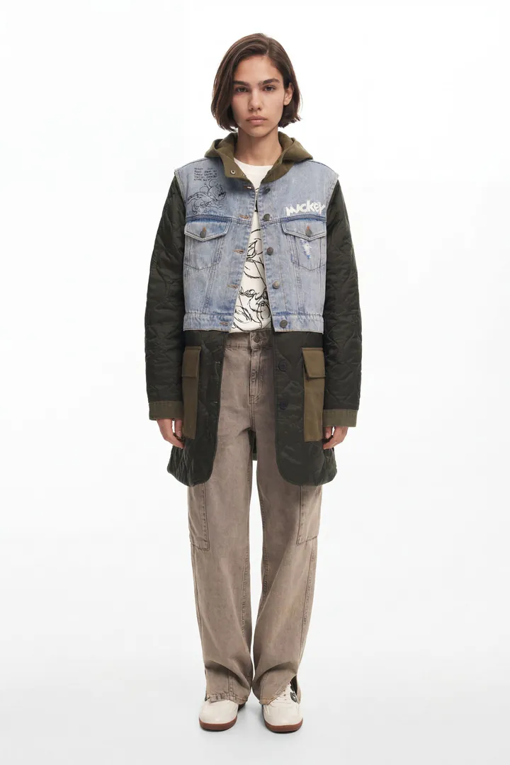 Desigual, Parca híbrida capucha Mickey, Algodon, Verde, L