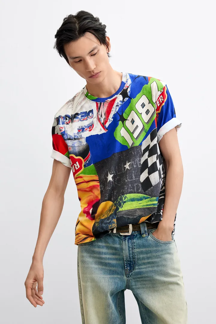 Desigual, Camiseta estampada racing, Hombre, Algodon, Rojo, L