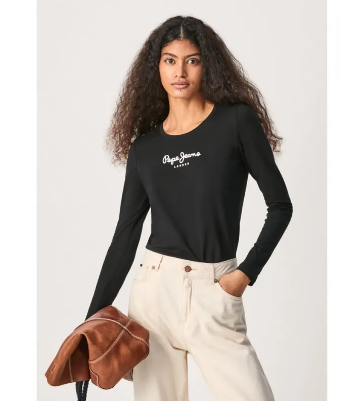 Pepe Jeans para mujer. PL505203 Camiseta New Virginia Ls N negro (L), Casual, Algodón, Manga larga