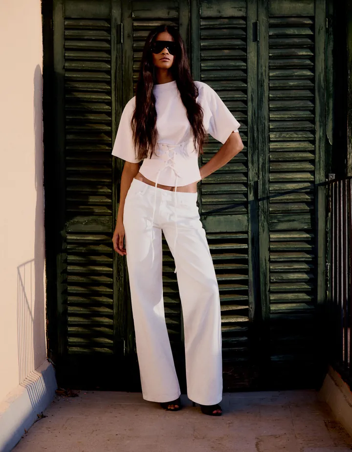 Bershka Jeans Straight Tiro Bajo Mujer 32 Blanco