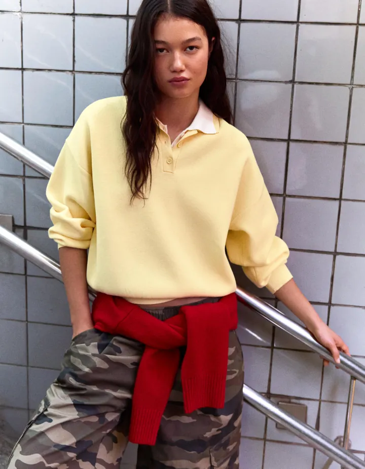 Bershka Jersey Cuello Polo Oversize Mujer L Amarillo