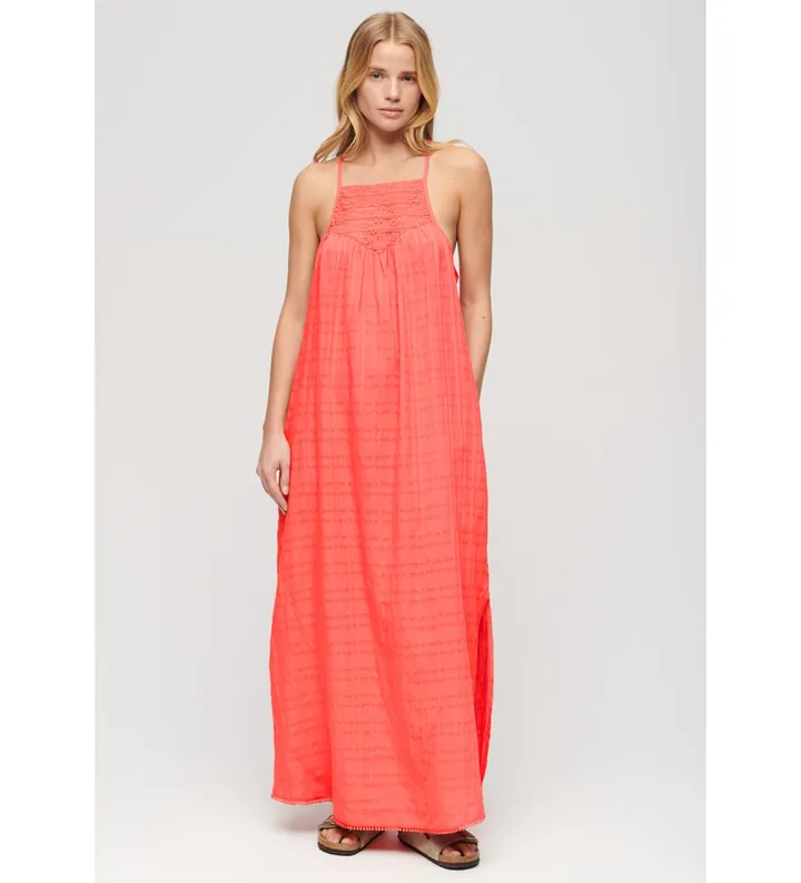 Superdry para mujer. W8011672A Vestido largo playero escote halter coral (L), Casual, Viscosa, Sin mangas / Tirantes