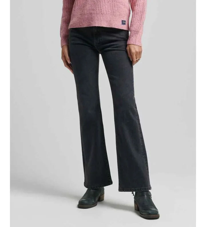 Superdry para mujer. W7010797A Jeans ajustados acampanados talle medio negro (25/32), Casual, Denim, Algodón Orgánico, Sostenible