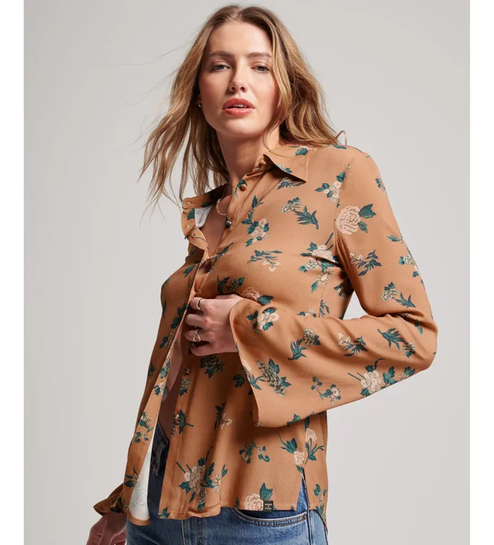 Superdry para mujer. W4010384A Camisa Studios de los setenta marrón (XS), Casual, Viscosa, Manga larga