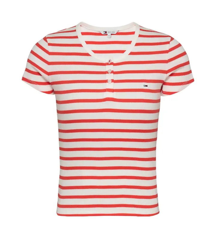 Tommy Jeans para mujer. DW0DW19502 Camiseta de manga corta slim button rojo (M), Casual, Algodón Orgánico, Sostenible