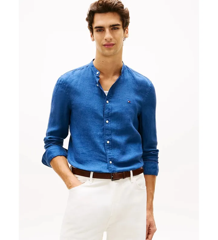 Tommy Hilfiger para hombre. MW0MW39271 Camisa de corte slim en lino azul (M), Casual, Fiesta, Clásico, Manga larga