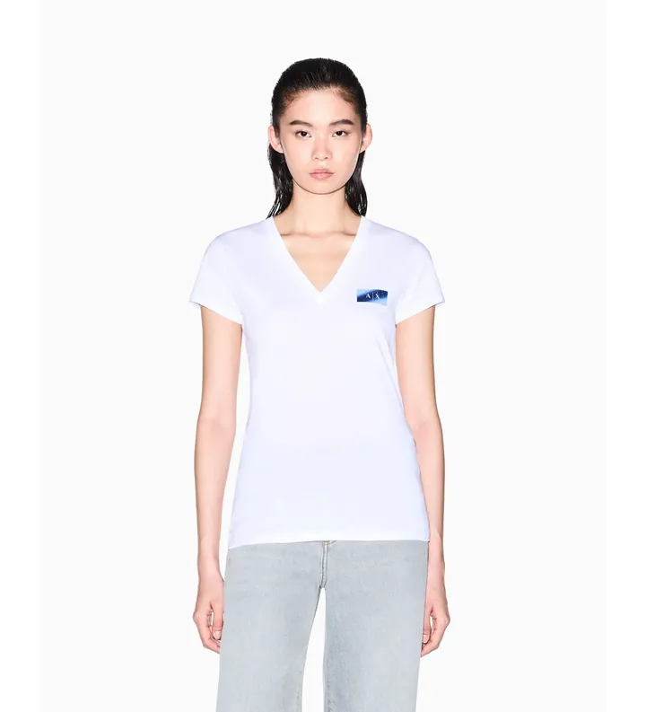 A|X Armani Exchange para mujer. XW002347AF10356U0002 Camiseta Ajustada de Punto blanco (L), Casual, Algodón, Manga corta