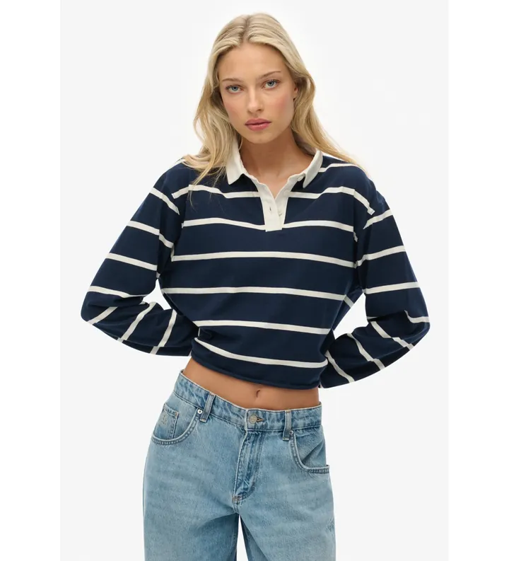 Superdry para mujer. W6012175A Polo Stripe Rugby marino (L), Casual, Algodón, Manga larga