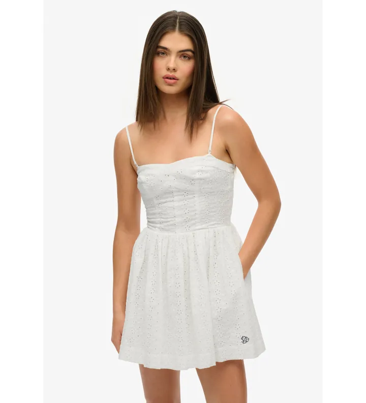 Superdry para mujer. W8012023A Vestido Broderie Cami Mini blanco (L), Casual, Algodón, Sin mangas / Tirantes
