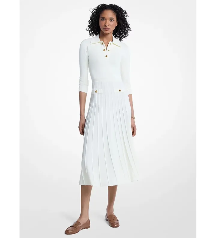 Michael Kors para mujer. MT683J3BFD Vestido tipo polo de punto elástico blanco roto (S), Casual, Clásico, Viscosa, Manga larga