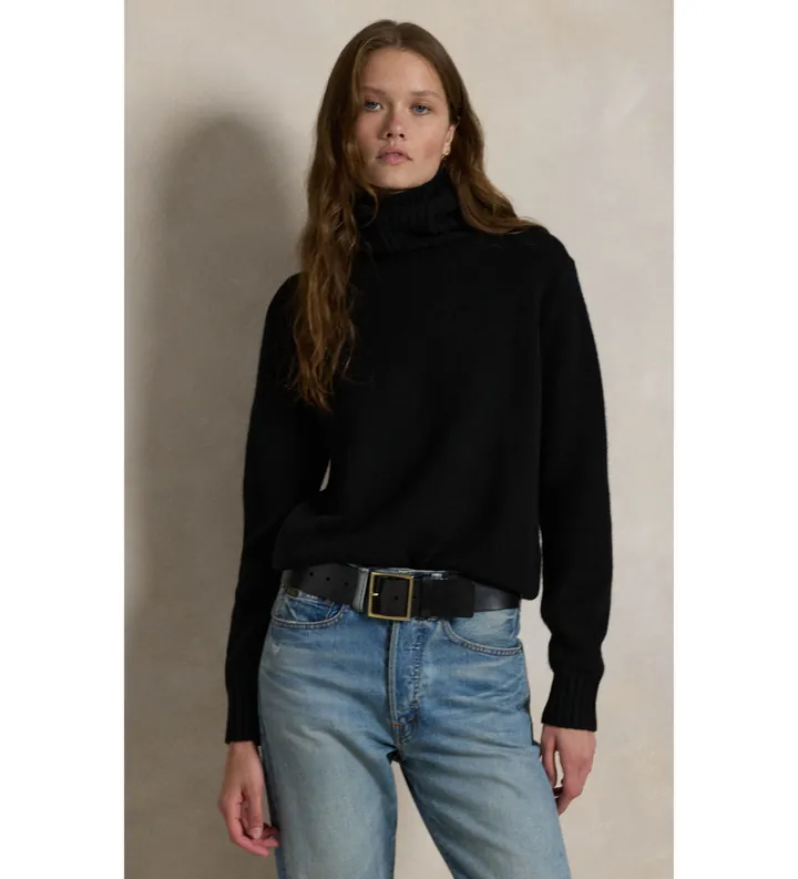 Polo Ralph Lauren para mujer. 211891667003 Jersey de lana con cuello vuelto negro (L), Casual, Manga larga
