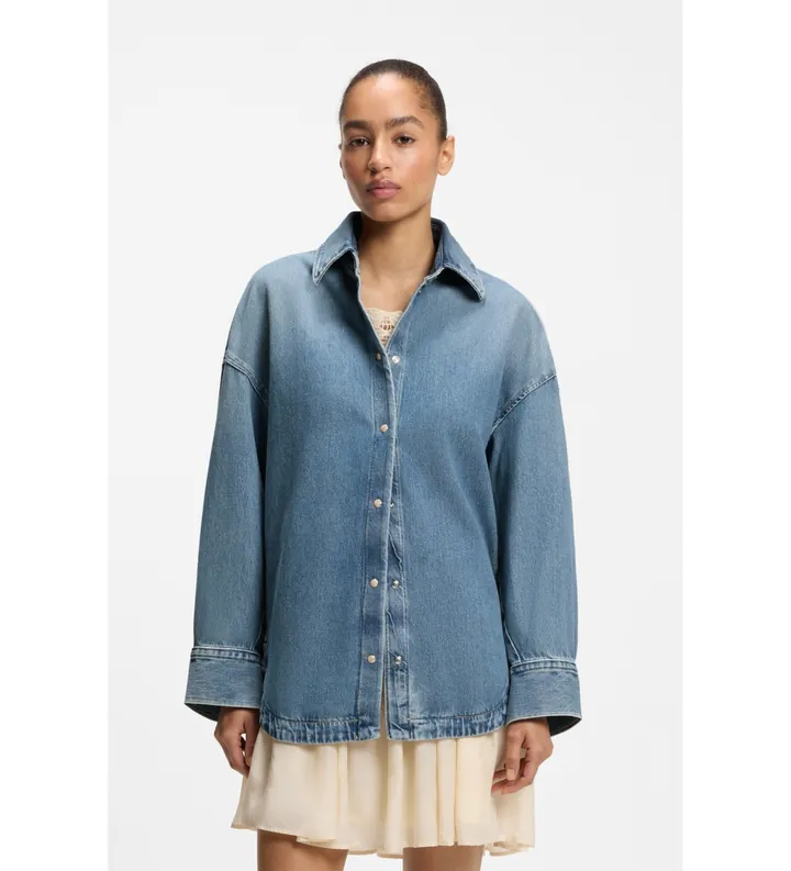 BOSS para mujer. 50567186 Camisa oversize de mezclilla rígida vintage azul (L), Casual, Algodón, Manga larga