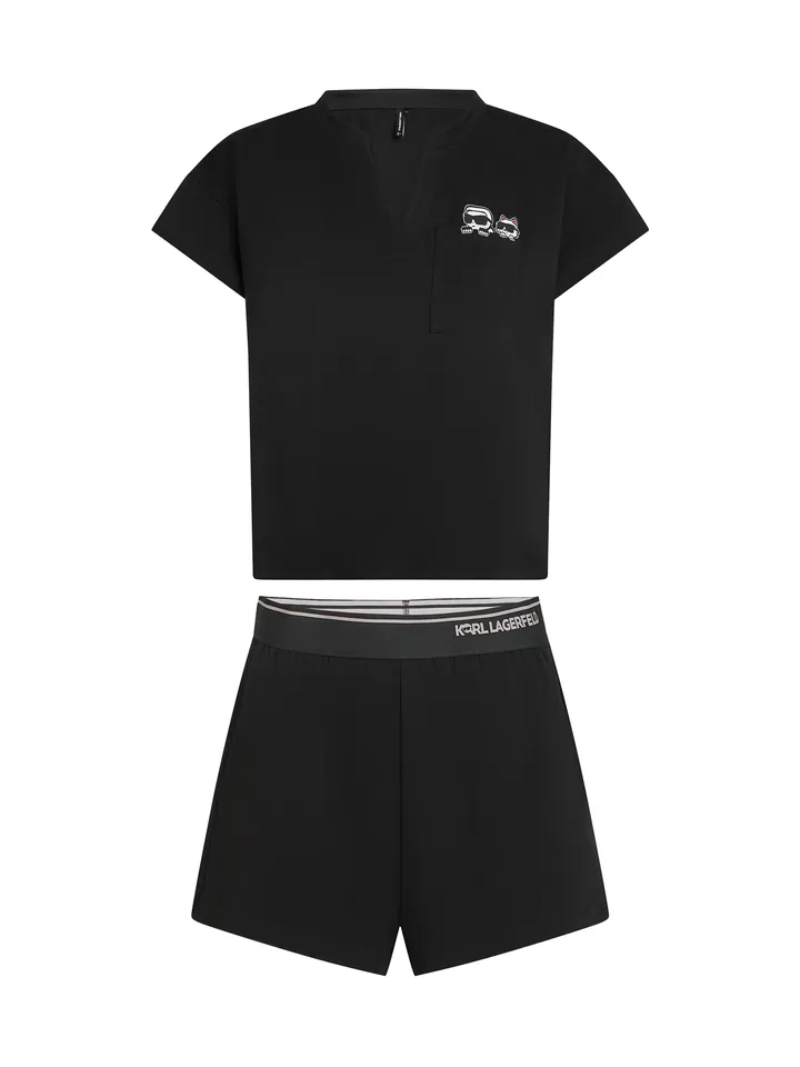 Karl Lagerfeld Pijama de pantalón corto 'Ikon' negro / blanco