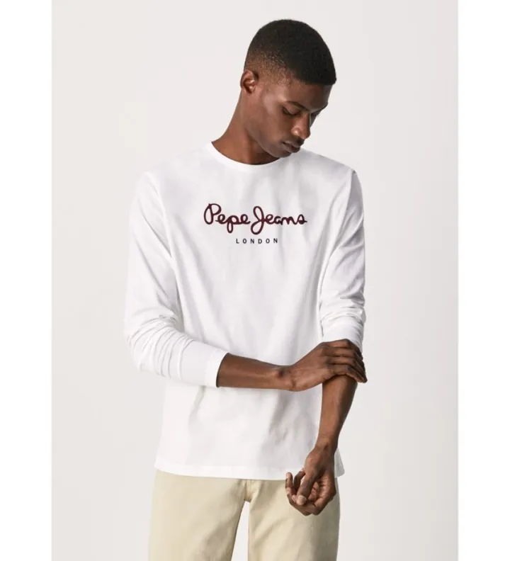 Pepe Jeans para hombre. PM508209 Camiseta Eggo Largo N blanco (L), Negro, Casual, Algodón, Manga larga