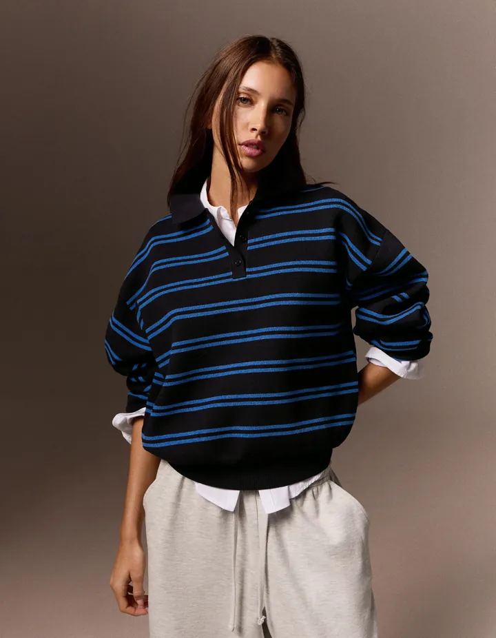 Bershka Jersey Cuello Polo Oversize Mujer L Marino