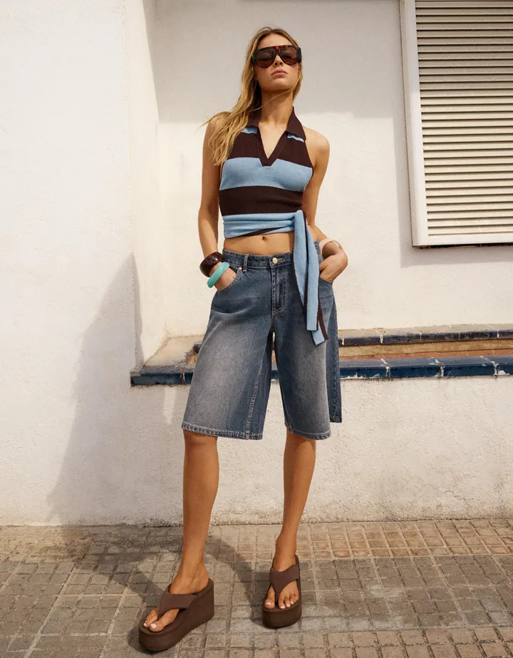 Bershka Bermuda Denim Baggy Mujer 32 Azul