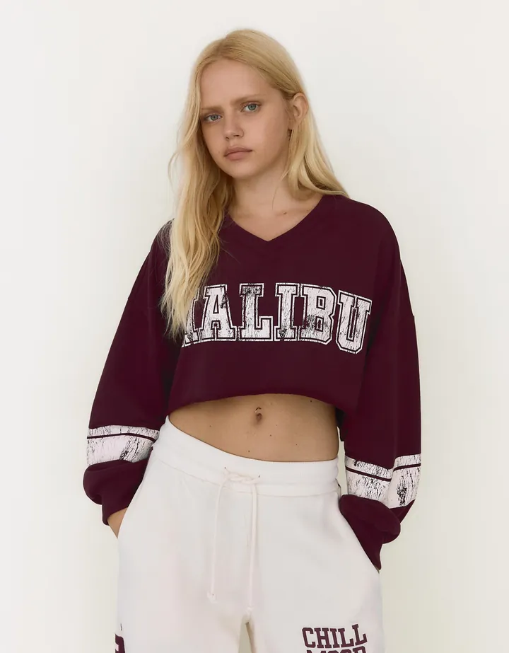 Bershka Sudadera Cropped Cuello Redondo Print Mujer L Burdeos