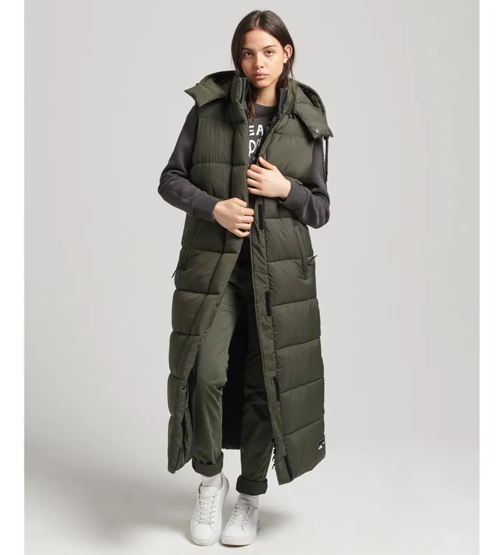Superdry para mujer. W5011444A Chaleco largo con capucha Ripstop verde (S), Casual, Poliéster