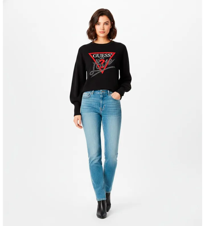 Guess para mujer. W5YQ06KB681 Sudadera Studdes love negro (XL), Casual, Poliéster, Manga larga