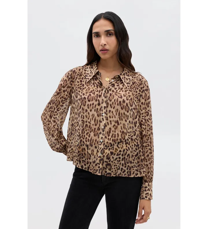 Rixo para mujer. 030.00441.425.06931 Camisa Blake marrón (S), Casual, Animal print, Viscosa, Manga larga
