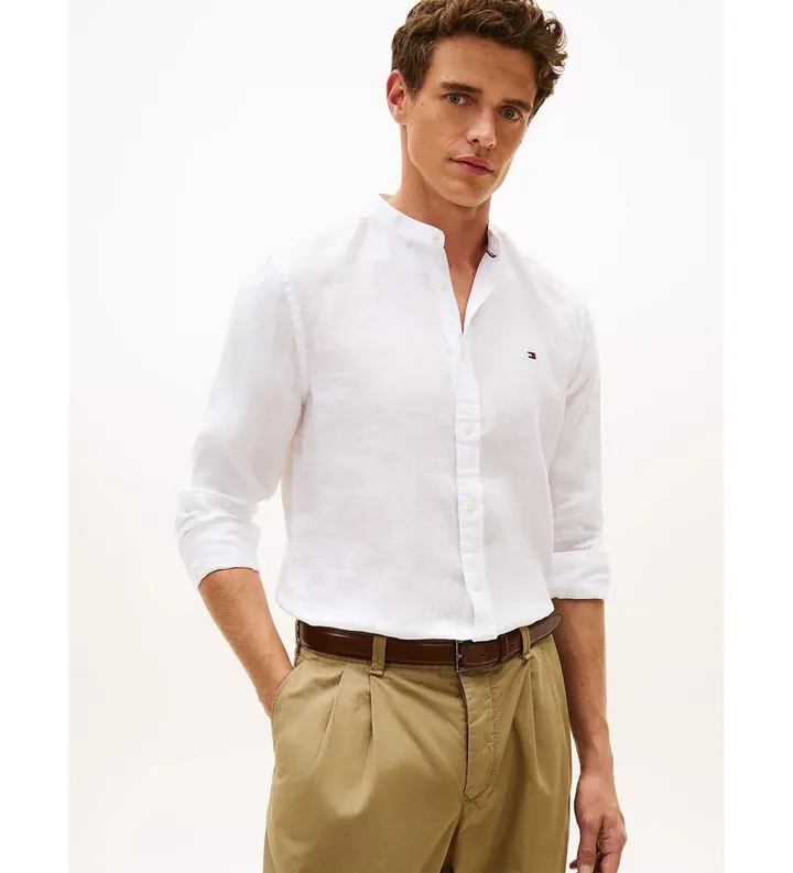 Tommy Hilfiger para hombre. MW0MW39271 Camisa de corte slim en lino blanco (XL), Casual, Fiesta, Clásico, Manga larga