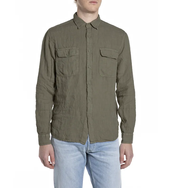 Replay para hombre. M4147.000.81388B Camisa bolsillos de lino verde (L), Casual, Manga larga