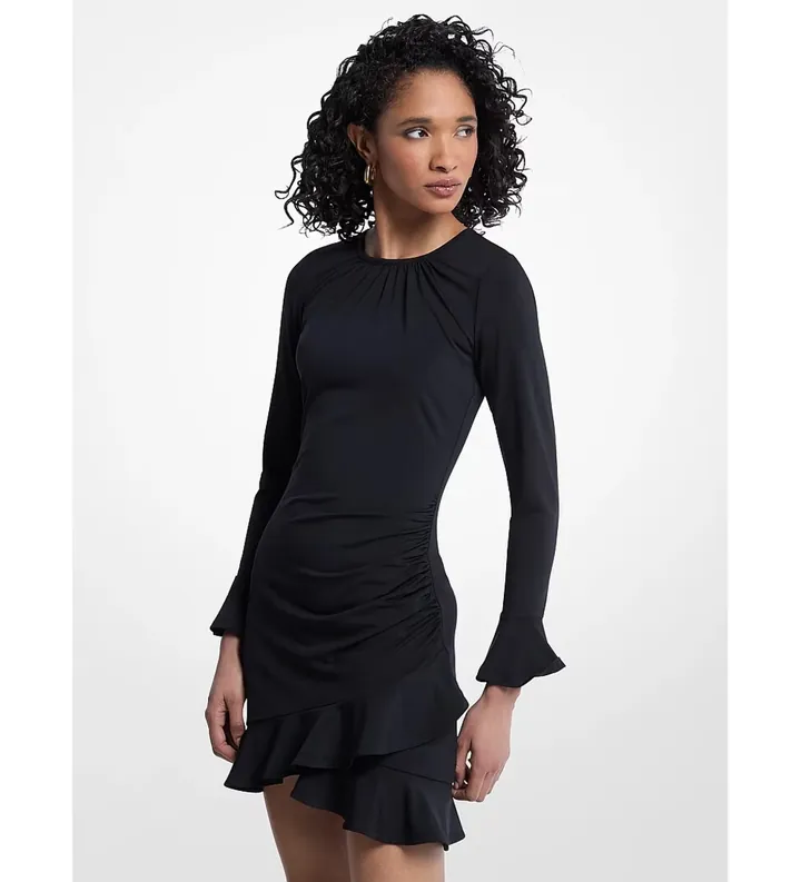 Michael Kors para mujer. MT683J5H6J Vestido de punto liso mate elástico con volantes negro (S), Casual, Manga larga, Poliéster Reciclado