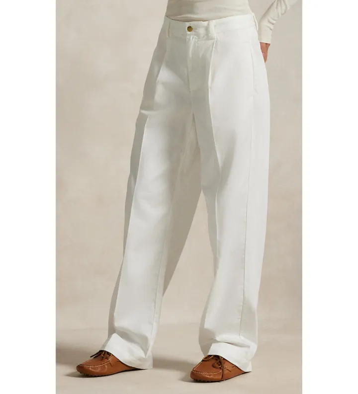 Polo Ralph Lauren para mujer. 211A96676002 Pantalón relajado de algodón con pinzas blanco roto (32), Casual, Clásico