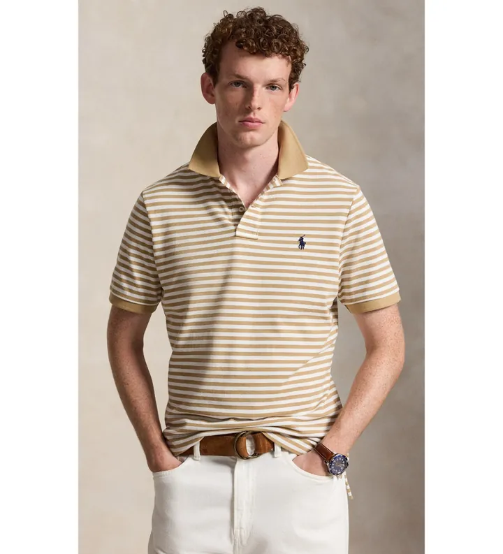 Polo Ralph Lauren para hombre. 710956682506 Polo de rayas beige (L), Casual, Algodón, Manga larga