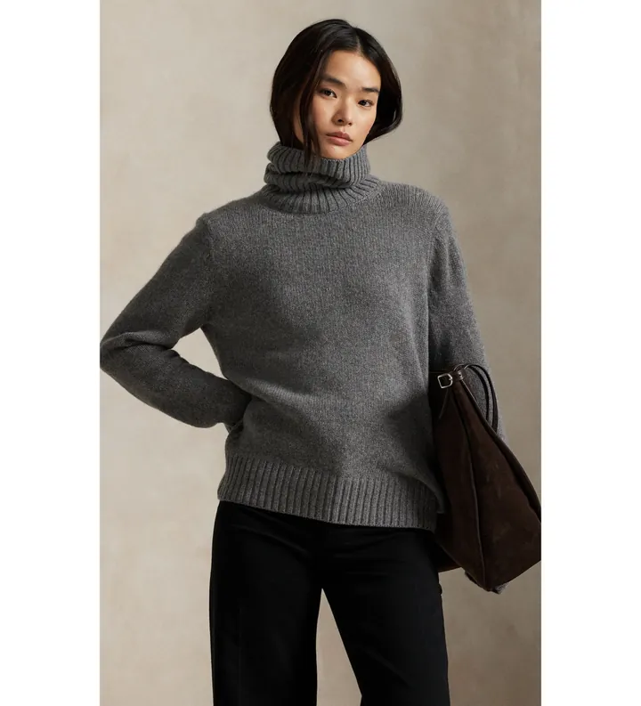 Polo Ralph Lauren para mujer. 211891667500 Jersey de lana con cuello vuelto gris (L), Casual, Manga larga