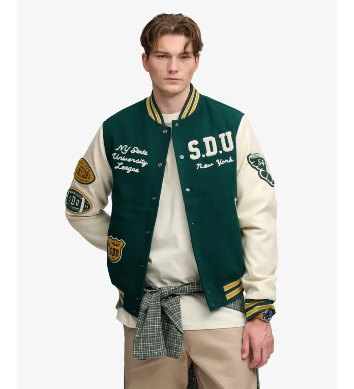 Superdry para hombre. M5012477A Chaqueta Vintage Patched Varsity verde (L), Casual, Poliéster