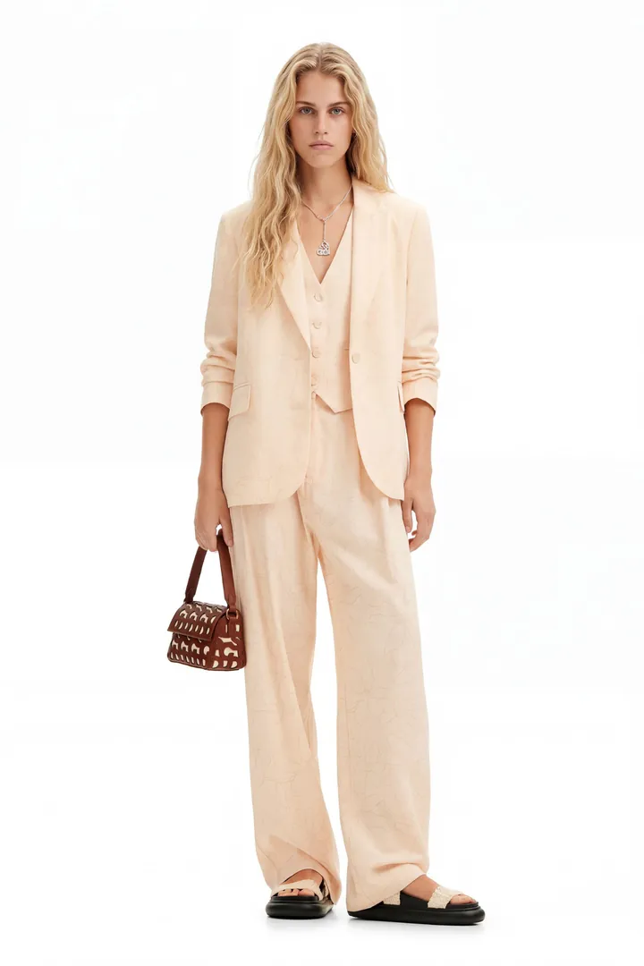 Desigual, Blazer recta flores, Viscosa, Blanco, L