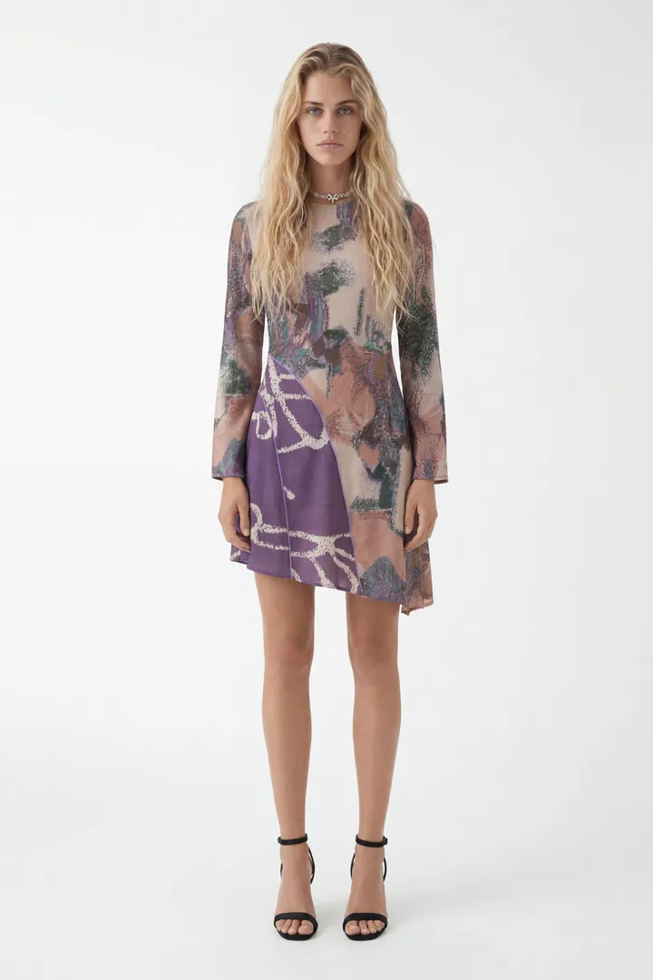 Desigual, Vestido asimétrico estampada, Poliester, MarróN, L