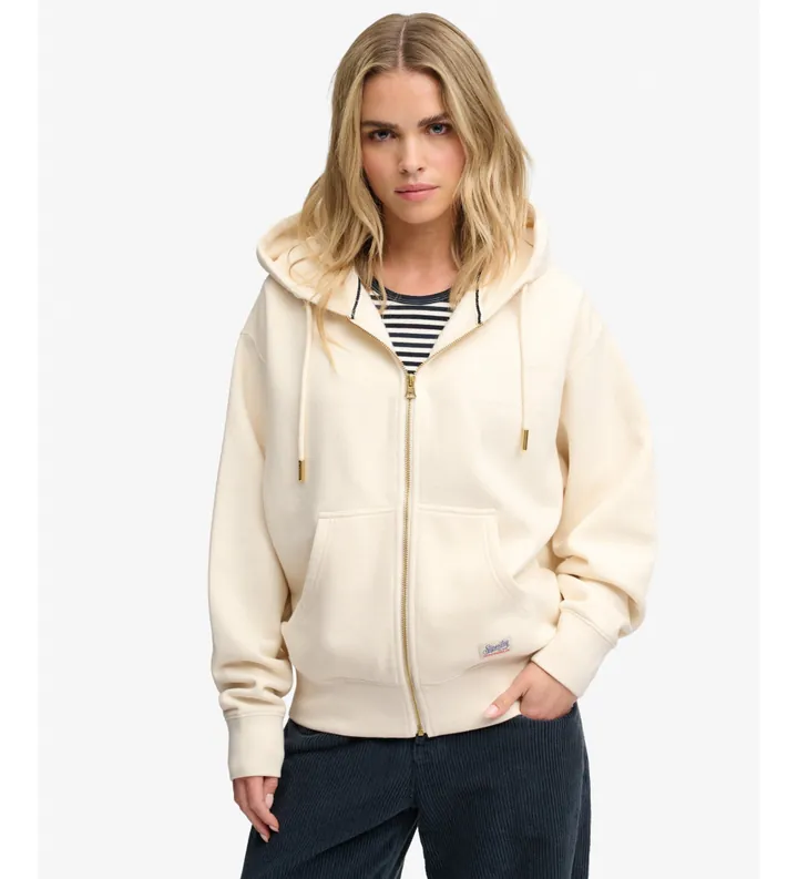 Superdry para mujer. W2012743A Sudadera con capucha y cremallera Luxe blanco roto (L), Casual, Poliéster