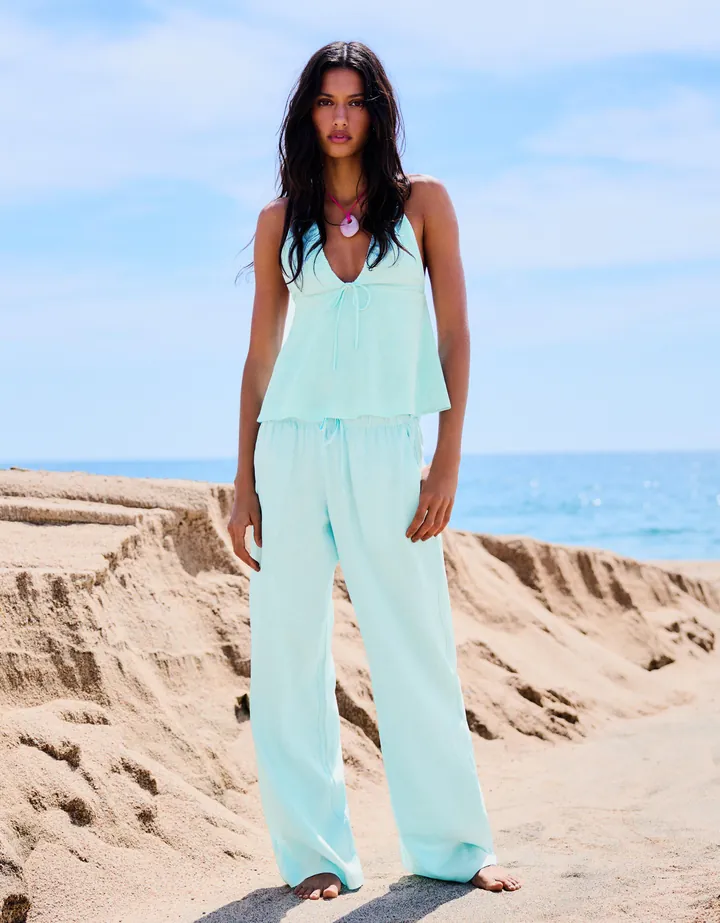 Bershka Top Halter Con Lino Mujer L Turquesa