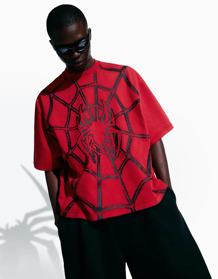 Bershka Camiseta Boxy Fit Spider-Man Hombre L Rojo