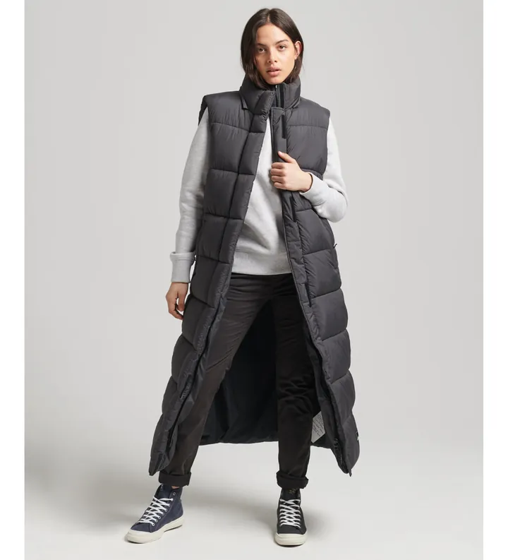 Superdry para mujer. W5011444A Chaleco largo con capucha Ripstop negro (M), Casual, Poliéster